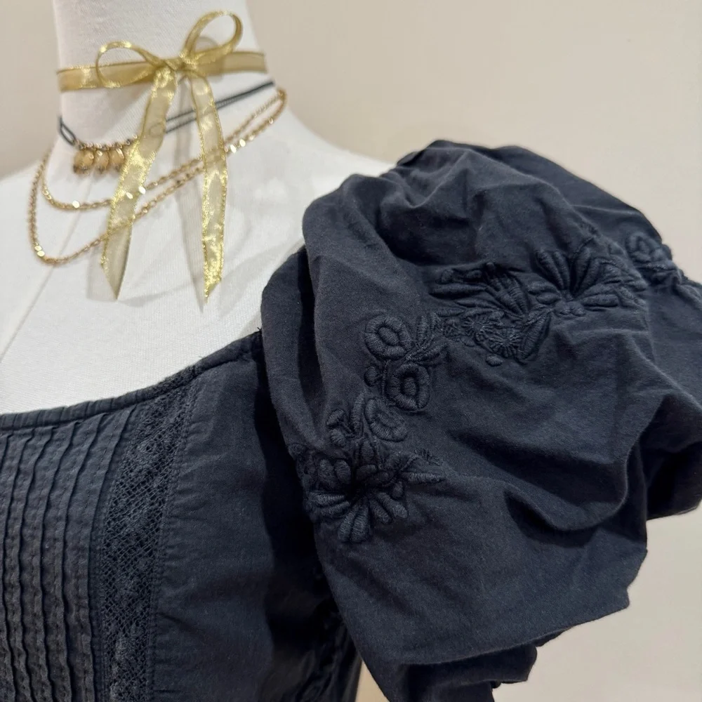LoveShackFancy Cotton Embroidered Puff Sleeve Corset Crop Top Dark Coquette